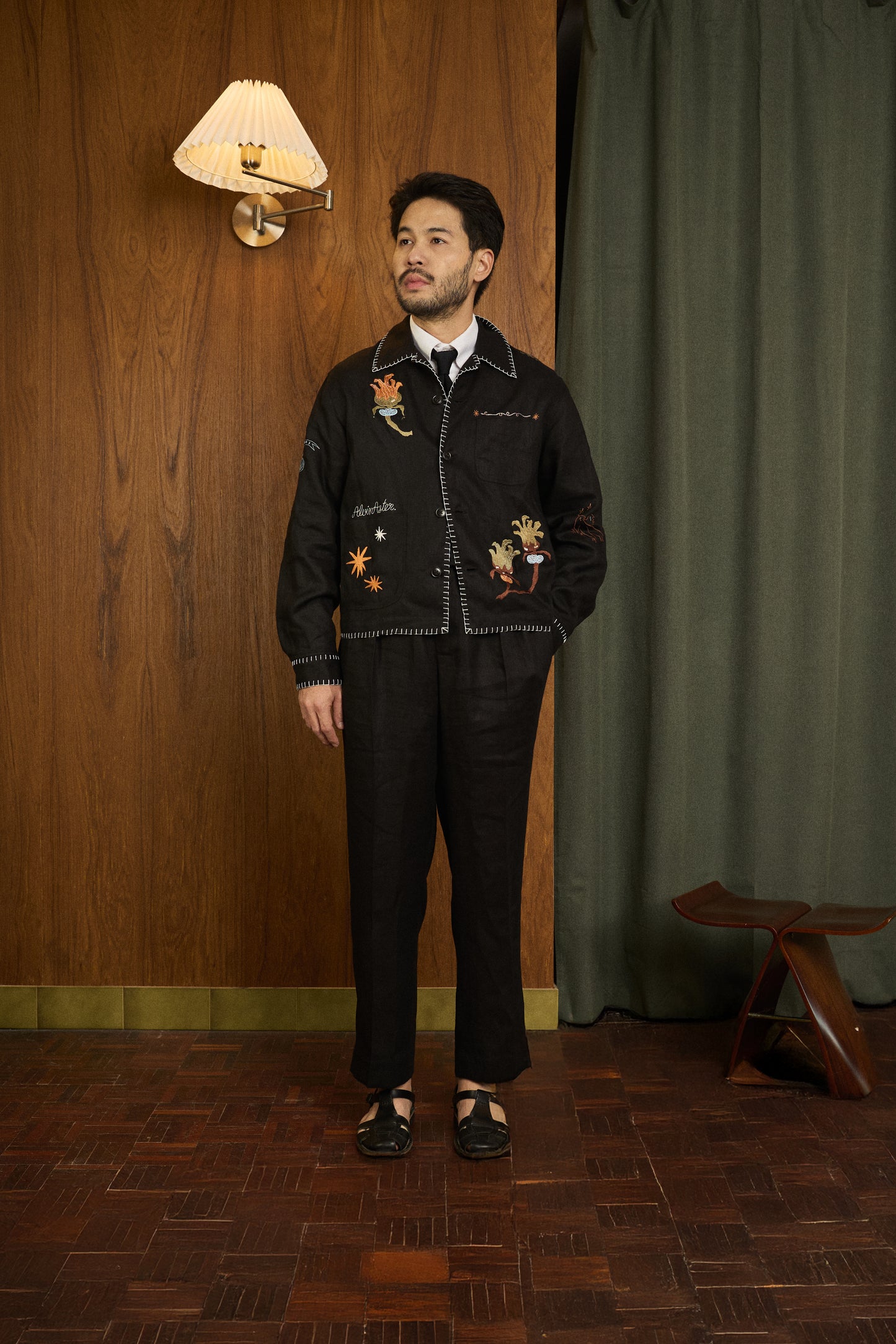 EMBROIDERED BLOUSON JACKET in BLACK LINEN