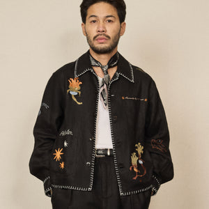 EMBROIDERED BLOUSON JACKET in BLACK LINEN