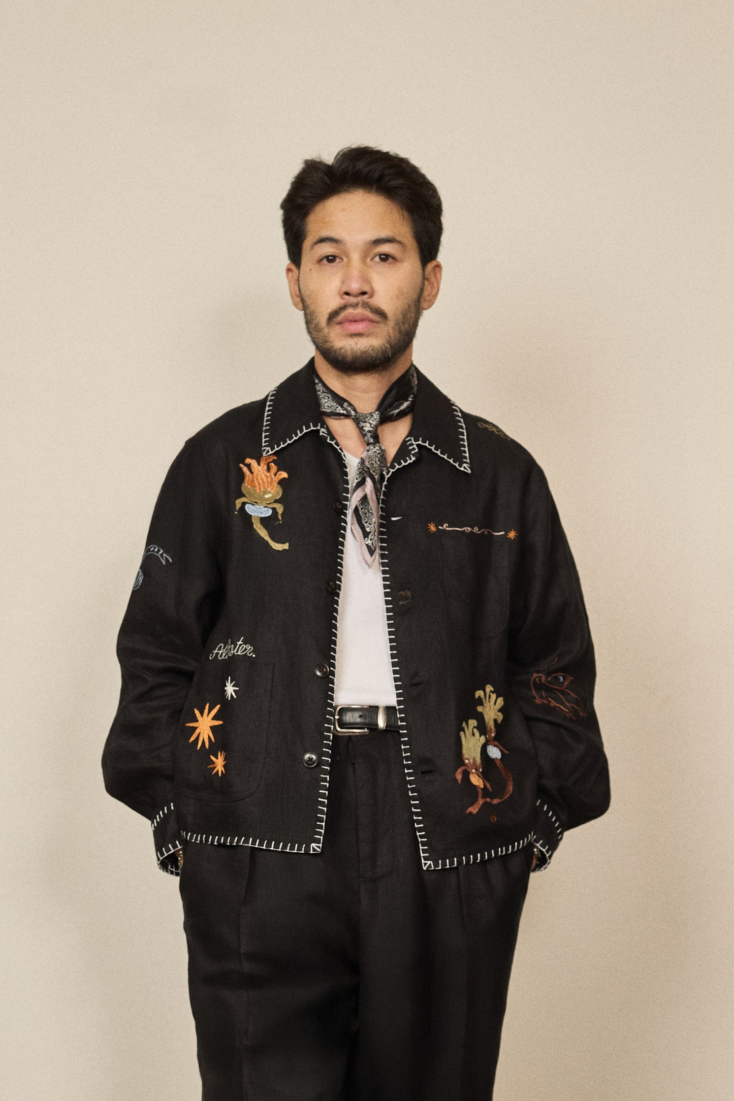 EMBROIDERED BLOUSON JACKET in BLACK LINEN