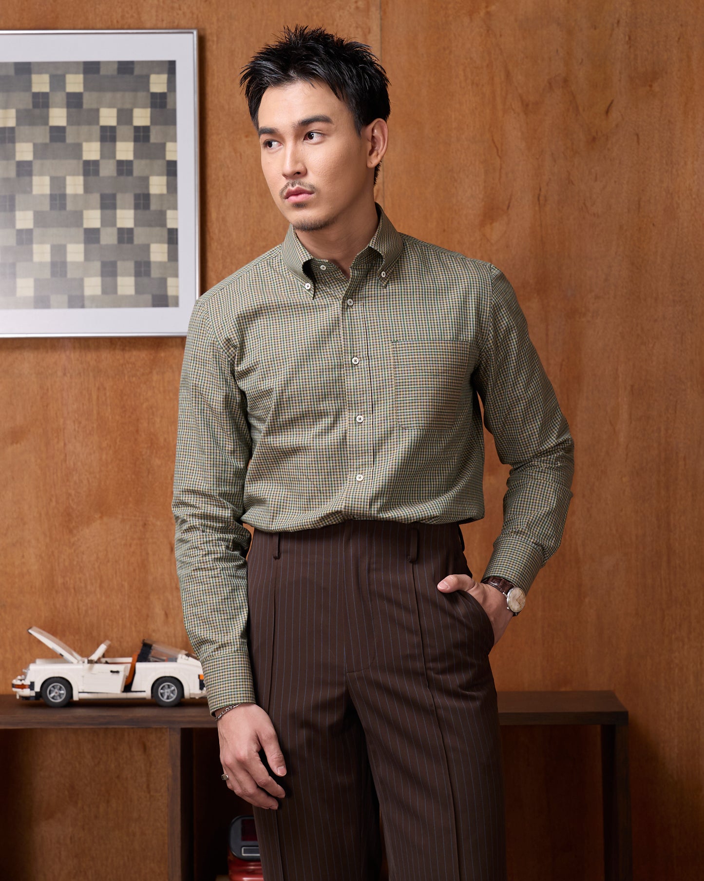 CLASSIC BUTTON DOWN SHIRT in Green Brown Plaid