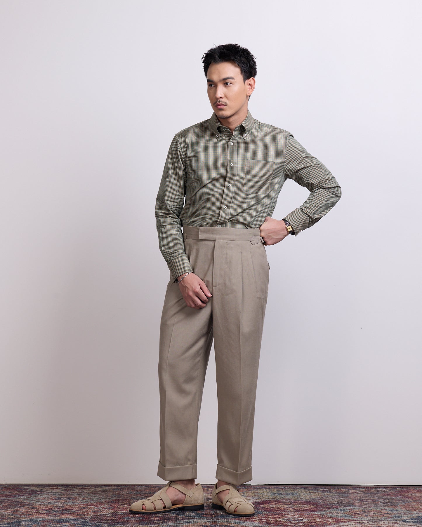 DOUBLE PLEATED TROUSERS IN KHAKI