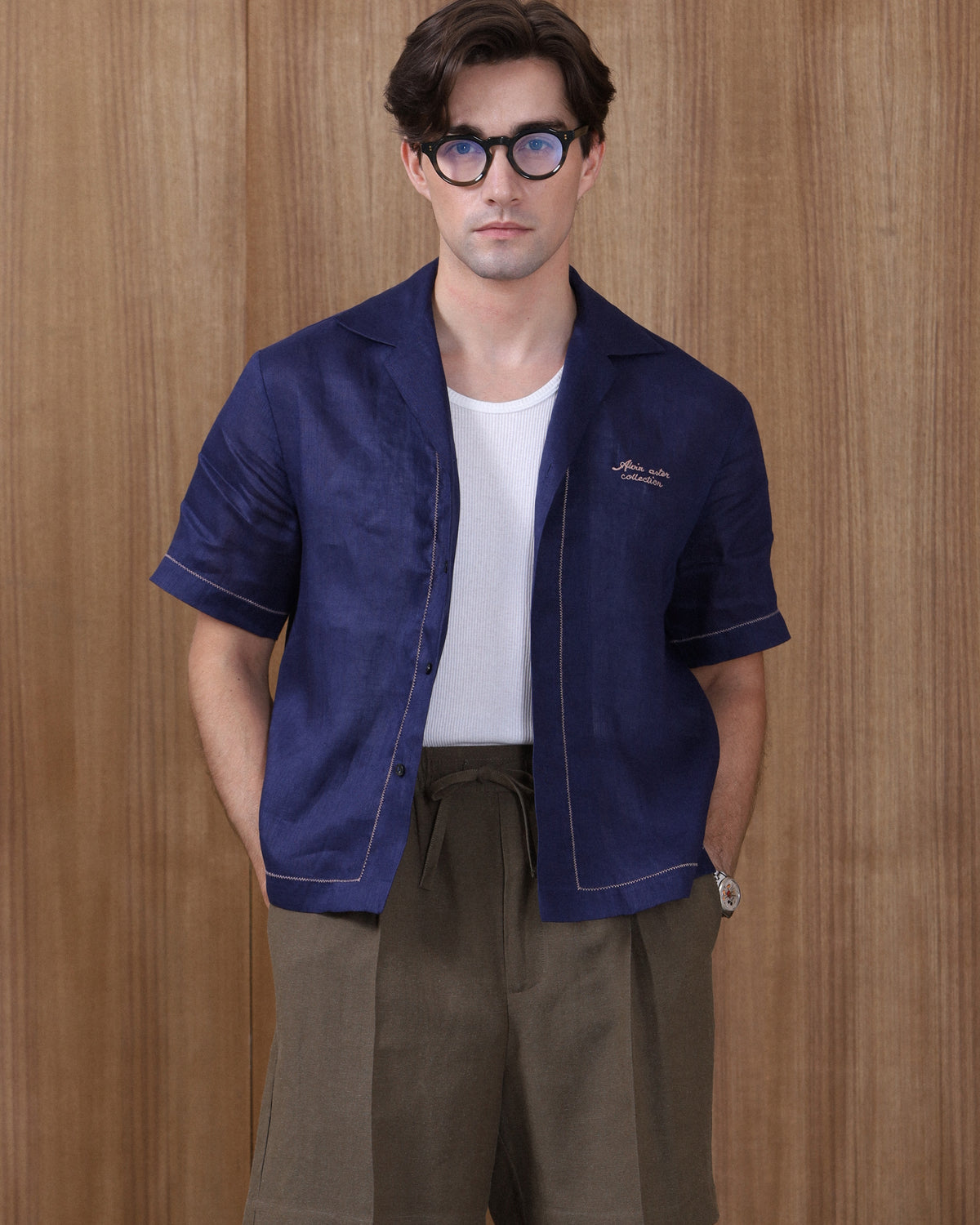 EMBROIDERED BOWLING in NAVY BLUE LINEN