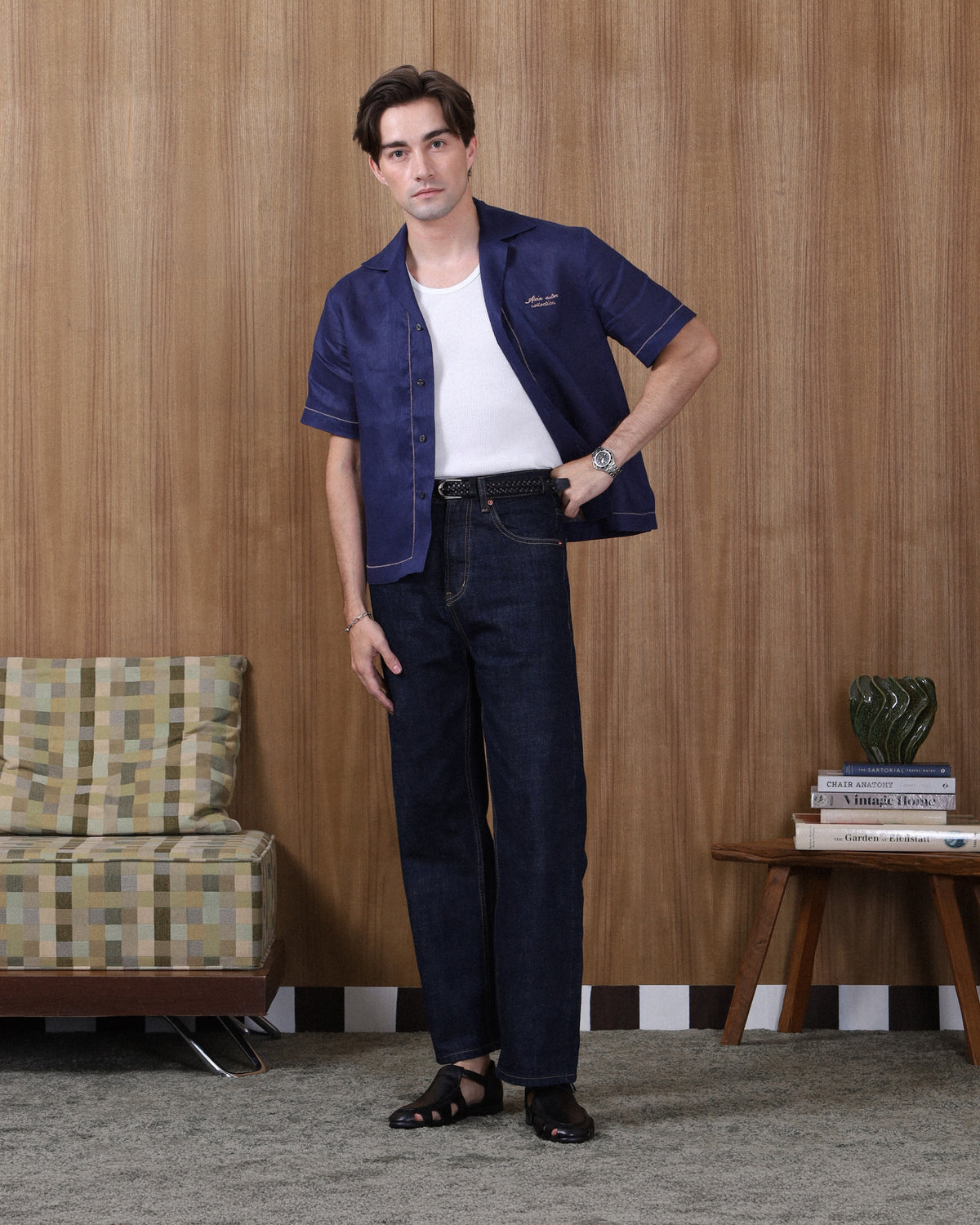EMBROIDERED BOWLING in NAVY BLUE LINEN