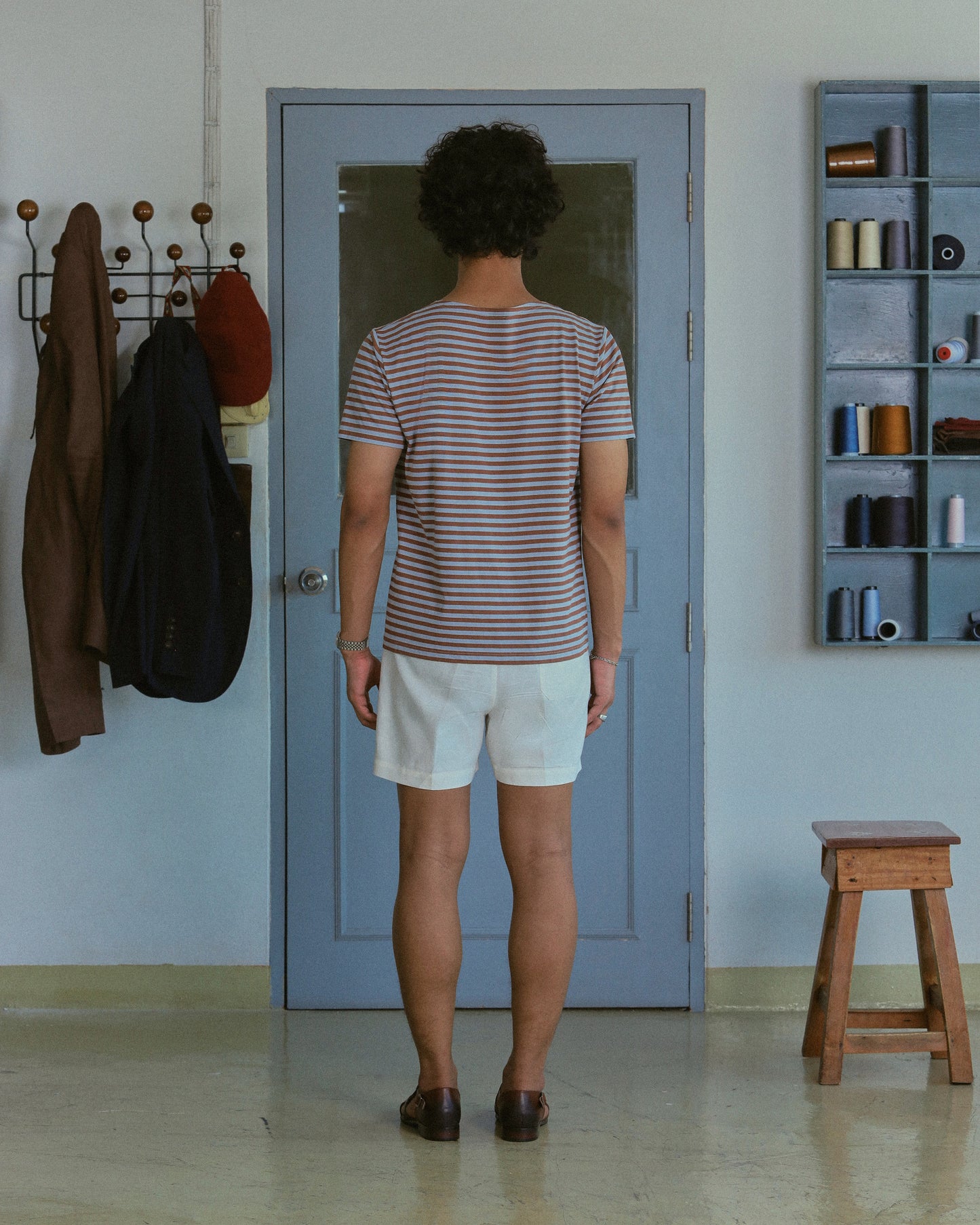 STRIPED BOAT NECK T-SHIRT in BURGUNDY and BLUE