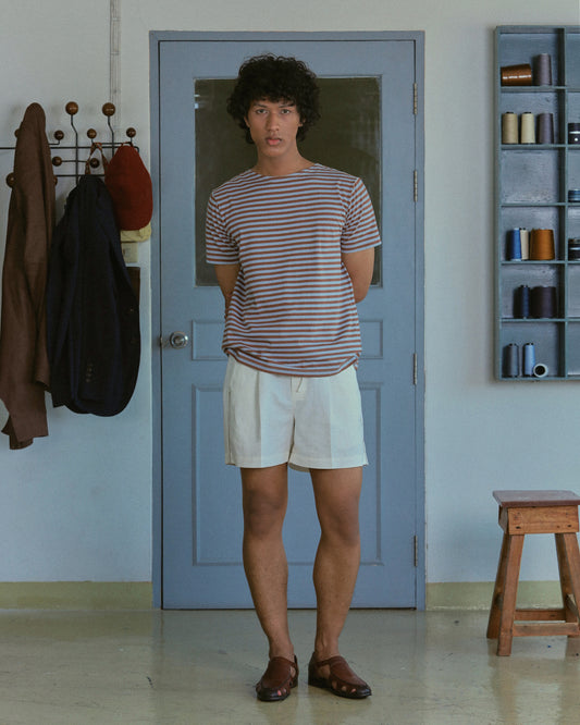 STRIPED BOAT NECK T-SHIRT in BURGUNDY and BLUE