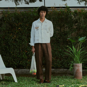 EMBROIDERED BLOUSON JACKET in OFF WHITE LINEN