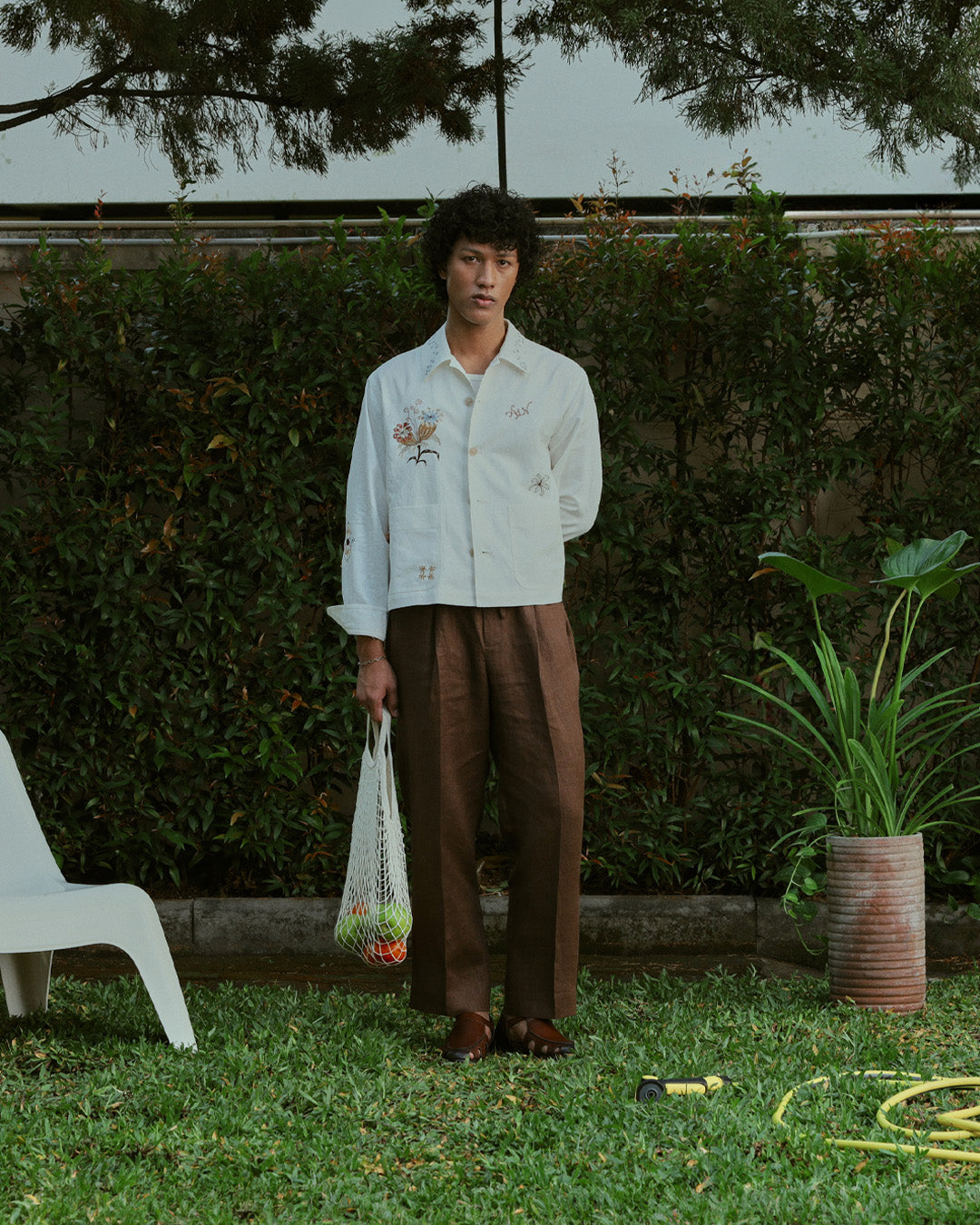 EMBROIDERED BLOUSON JACKET in OFF WHITE LINEN