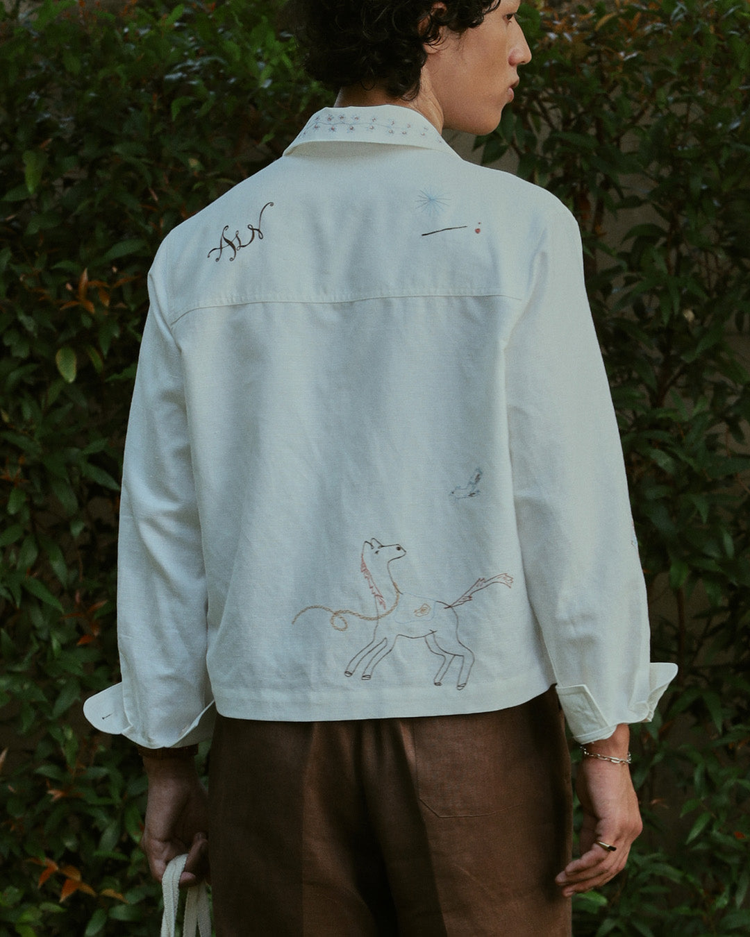 EMBROIDERED BLOUSON JACKET in OFF WHITE LINEN