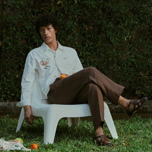 EMBROIDERED BLOUSON JACKET in OFF WHITE LINEN