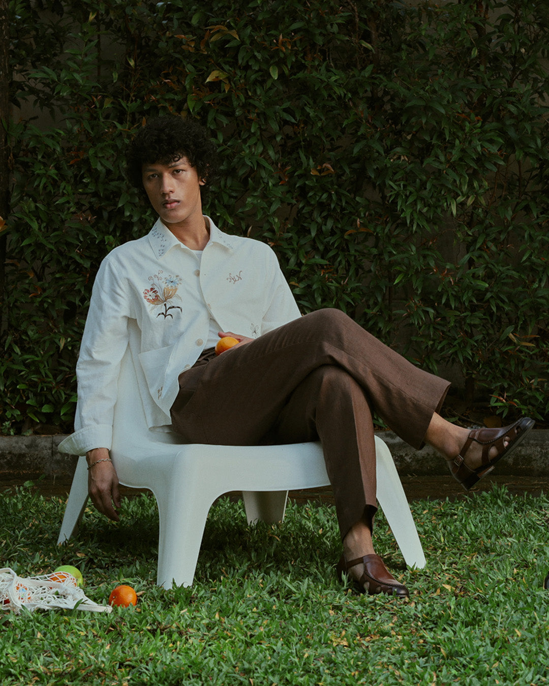 EMBROIDERED BLOUSON JACKET in OFF WHITE LINEN