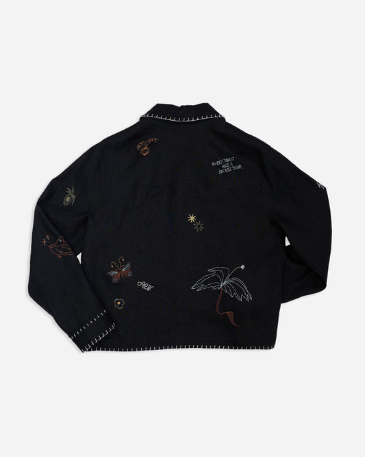 EMBROIDERED BLOUSON JACKET in BLACK LINEN