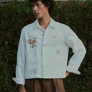 EMBROIDERED BLOUSON JACKET in OFF WHITE LINEN