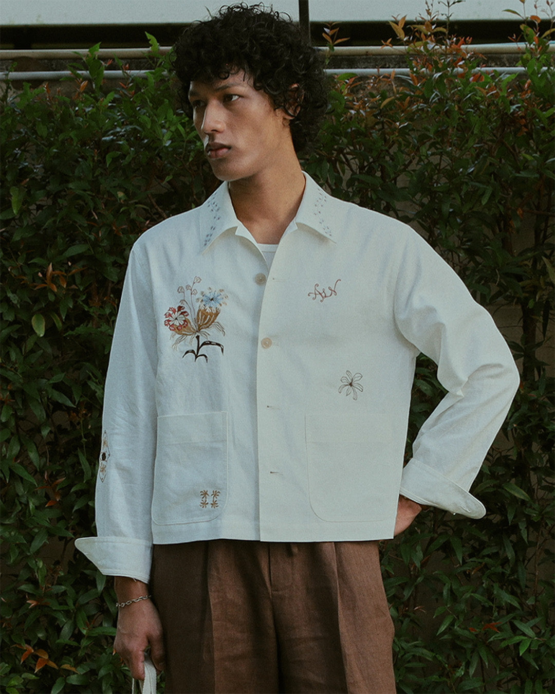 EMBROIDERED BLOUSON JACKET in OFF WHITE LINEN