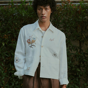 EMBROIDERED BLOUSON JACKET in OFF WHITE LINEN