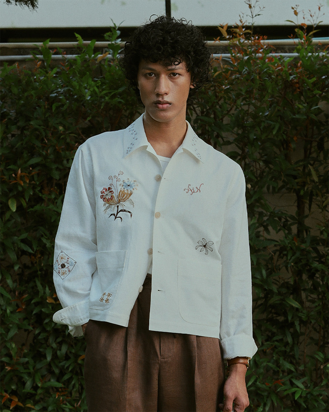 EMBROIDERED BLOUSON JACKET in OFF WHITE LINEN
