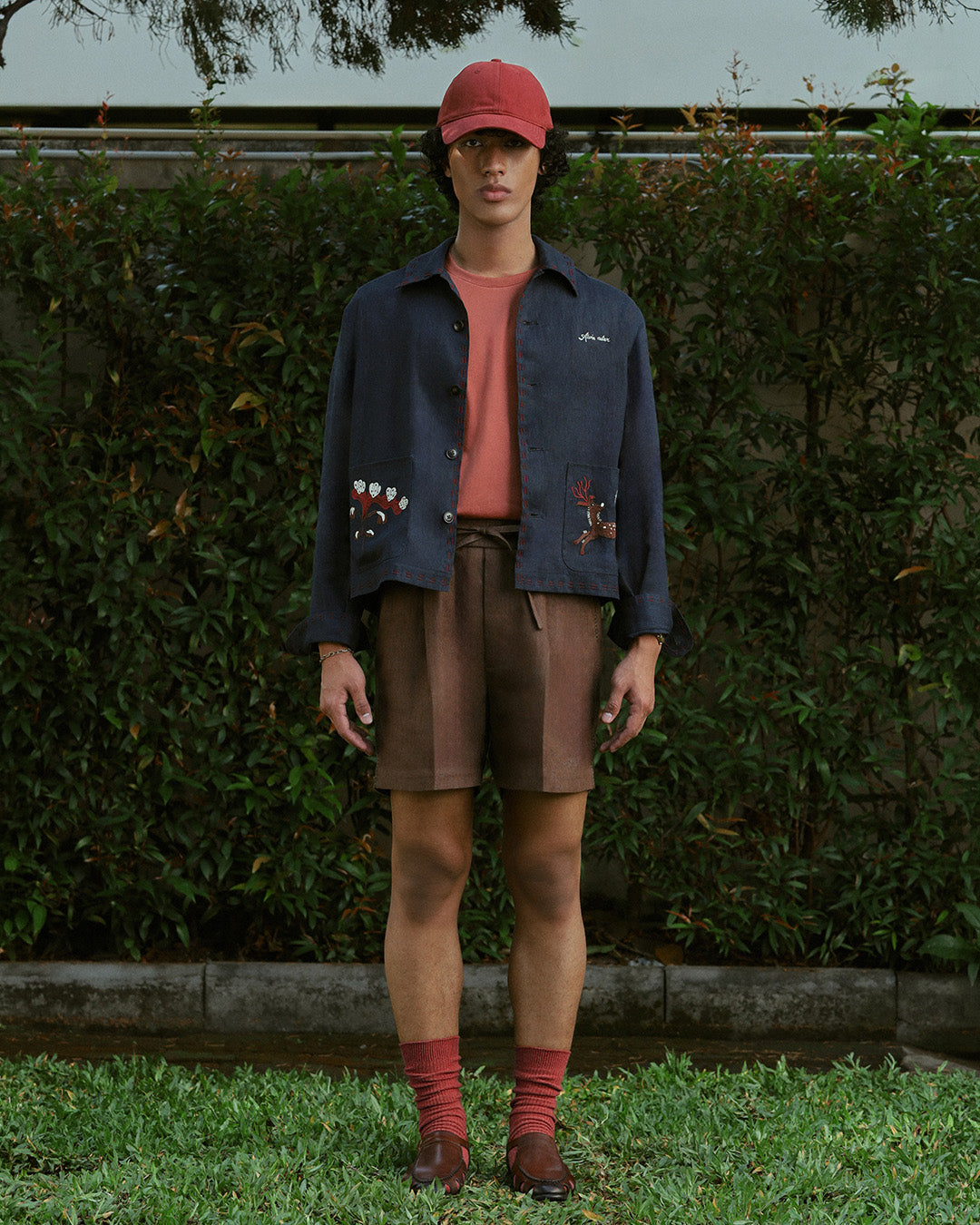 EMBROIDERED BLOUSON JACKET in NAVY LINEN