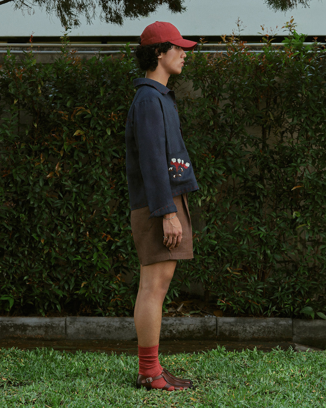 EMBROIDERED BLOUSON JACKET in NAVY LINEN