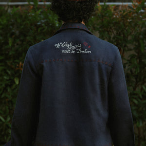 EMBROIDERED BLOUSON JACKET in NAVY LINEN