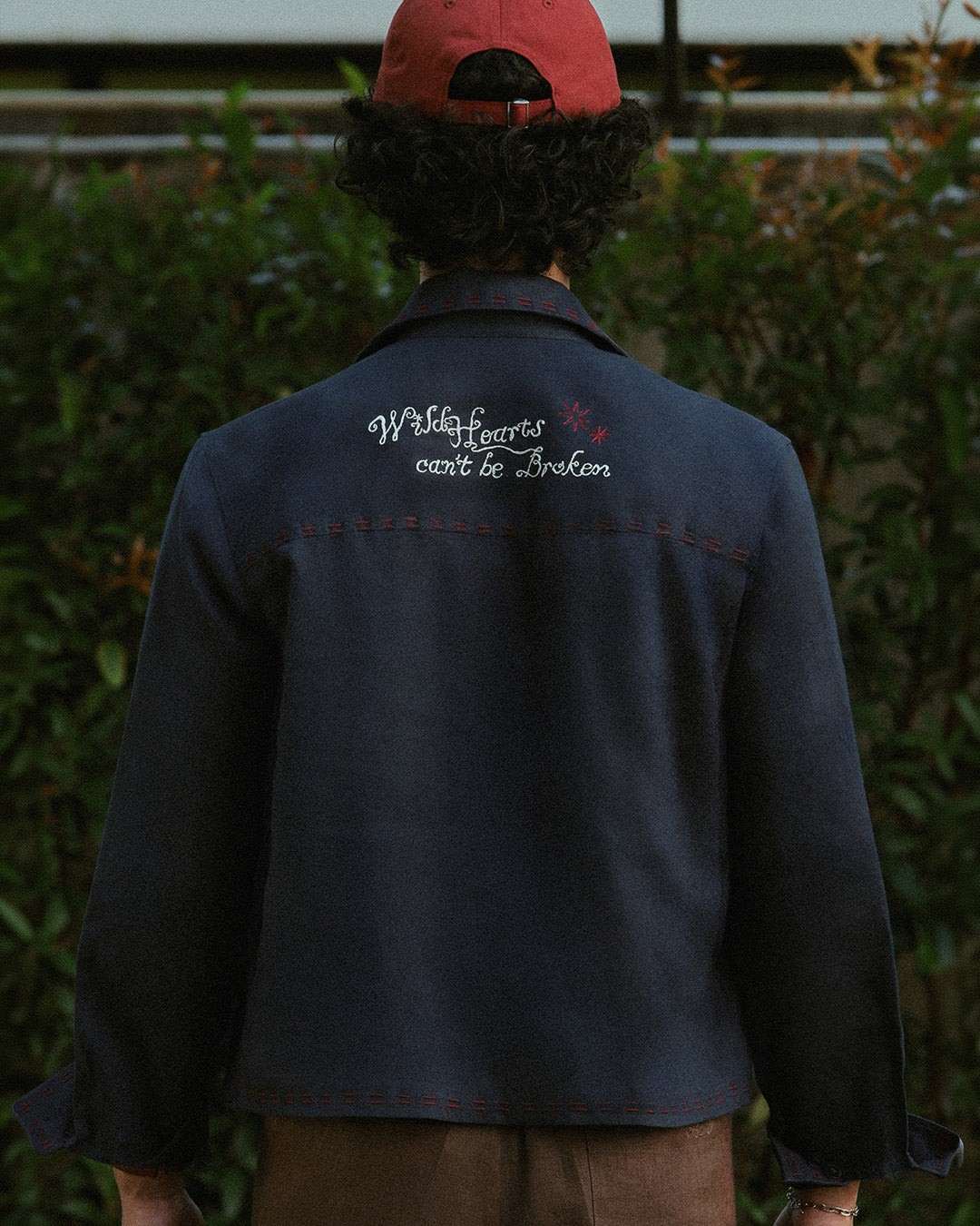 EMBROIDERED BLOUSON JACKET in NAVY LINEN