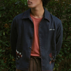 EMBROIDERED BLOUSON JACKET in NAVY LINEN