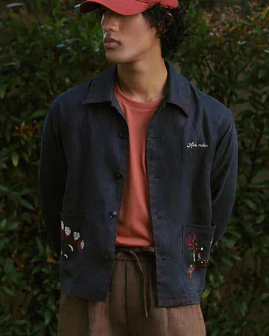 EMBROIDERED BLOUSON JACKET in NAVY LINEN