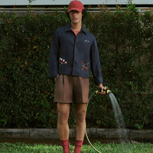 EMBROIDERED BLOUSON JACKET in NAVY LINEN