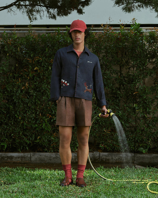 EMBROIDERED BLOUSON JACKET in NAVY LINEN