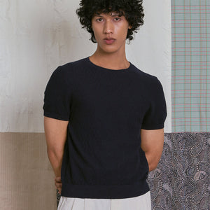 CREW NECK KNIT TEE in NAVY