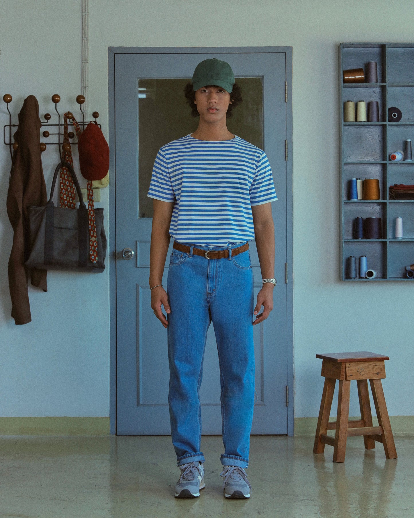 STRIPED BOAT NECK T-SHIRT in BLUE AND WHITE