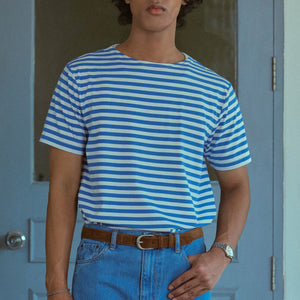 STRIPED BOAT NECK T-SHIRT in BLUE AND WHITE