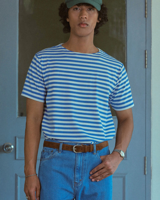 STRIPED BOAT NECK T-SHIRT in BLUE AND WHITE