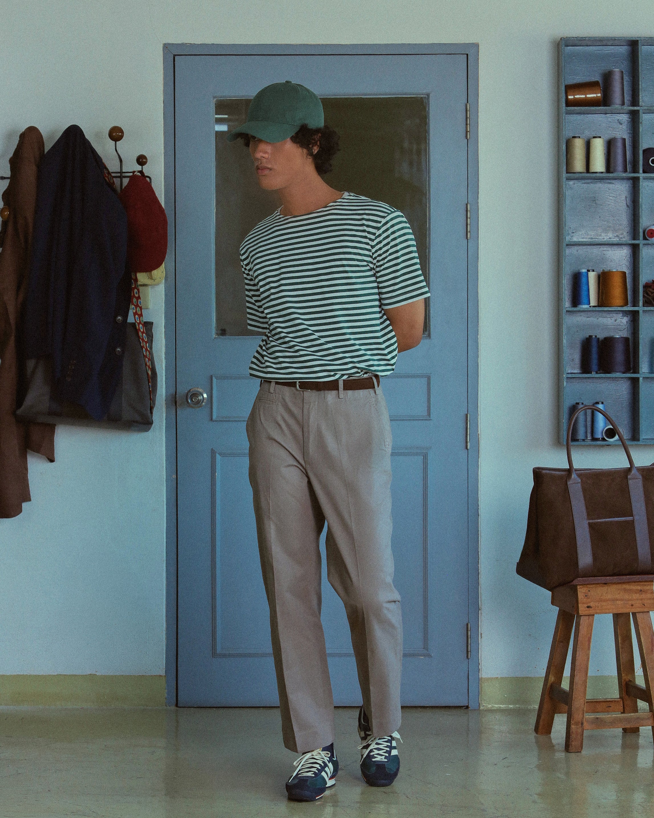 STRIPED BOAT NECK T-SHIRT in GREEN and WHITE