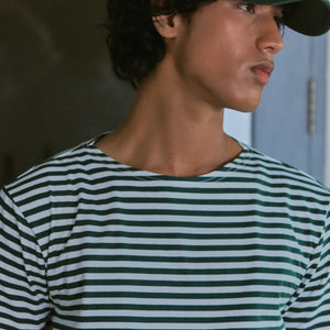 STRIPED BOAT NECK T-SHIRT in GREEN and WHITE