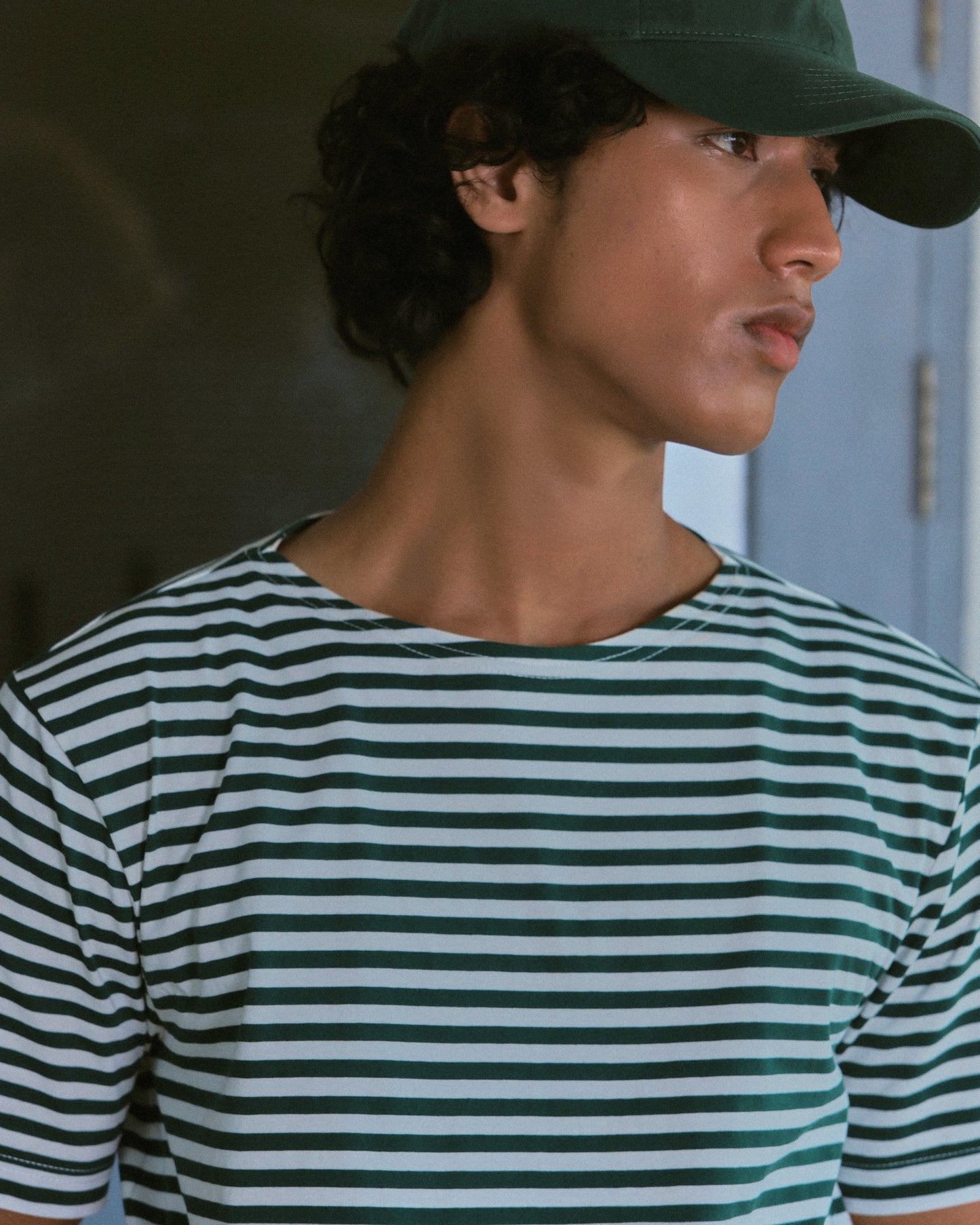 STRIPED BOAT NECK T-SHIRT in GREEN and WHITE