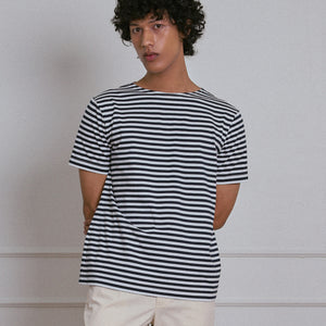 STRIPED BOAT NECK T-SHIRT in NAVY and WHITE