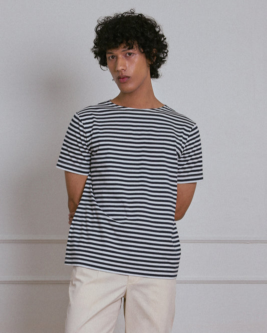 STRIPED BOAT NECK T-SHIRT in NAVY and WHITE