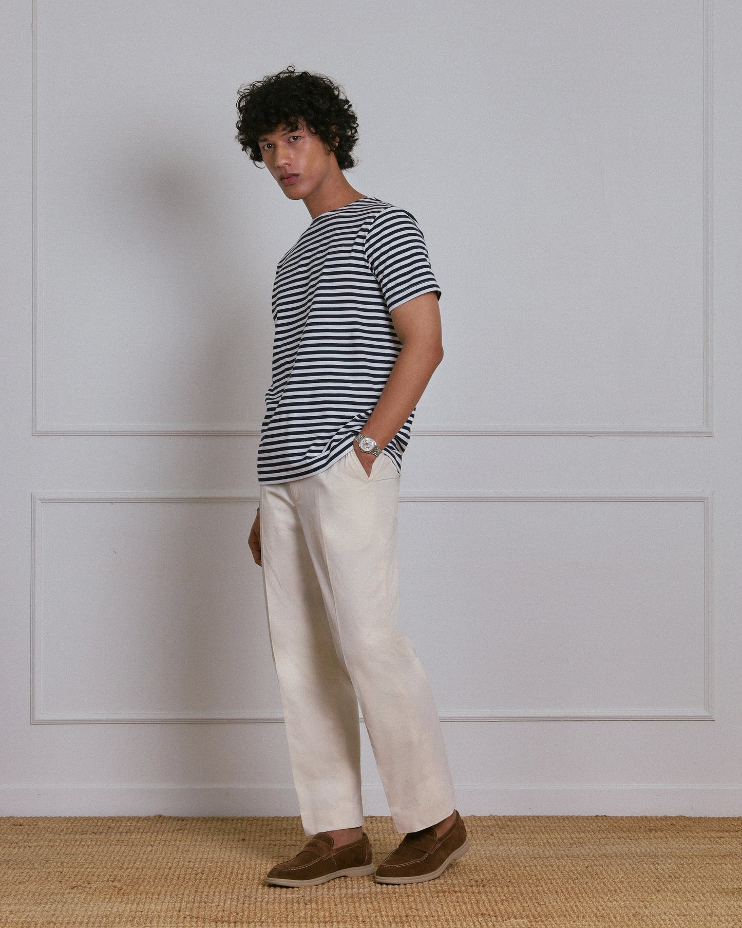STRIPED BOAT NECK T-SHIRT in NAVY and WHITE