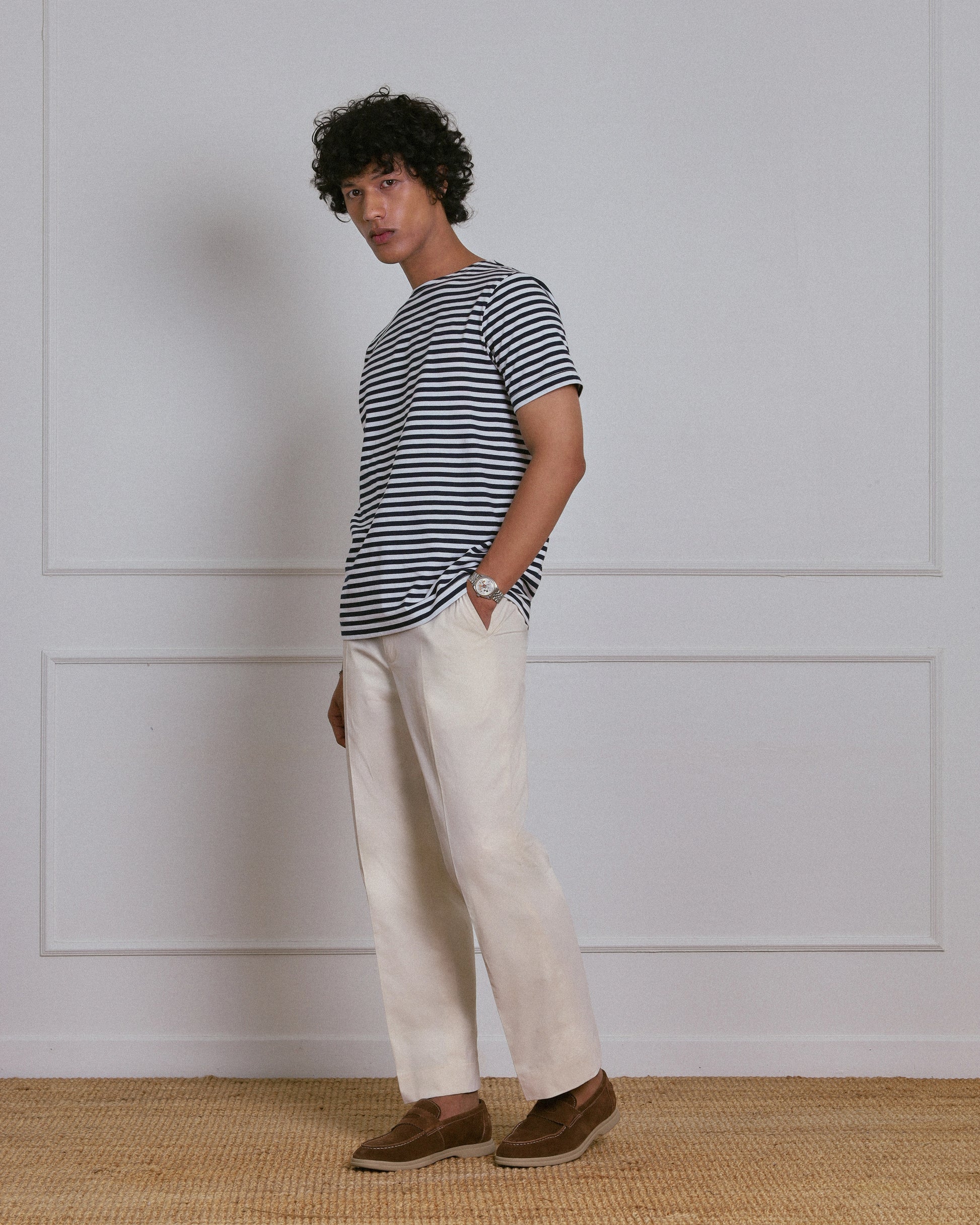 STRIPED BOAT NECK T-SHIRT in NAVY and WHITE