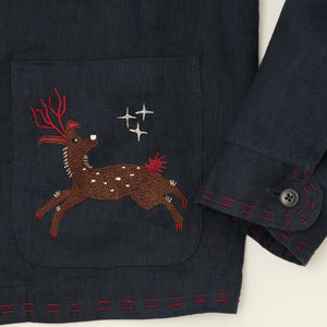 EMBROIDERED BLOUSON JACKET in NAVY LINEN