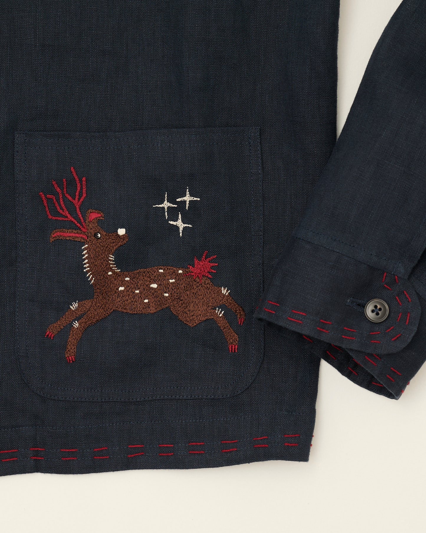 EMBROIDERED BLOUSON JACKET in NAVY LINEN