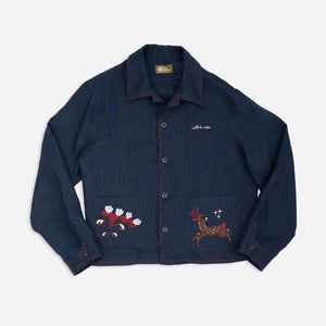 EMBROIDERED BLOUSON JACKET in NAVY LINEN