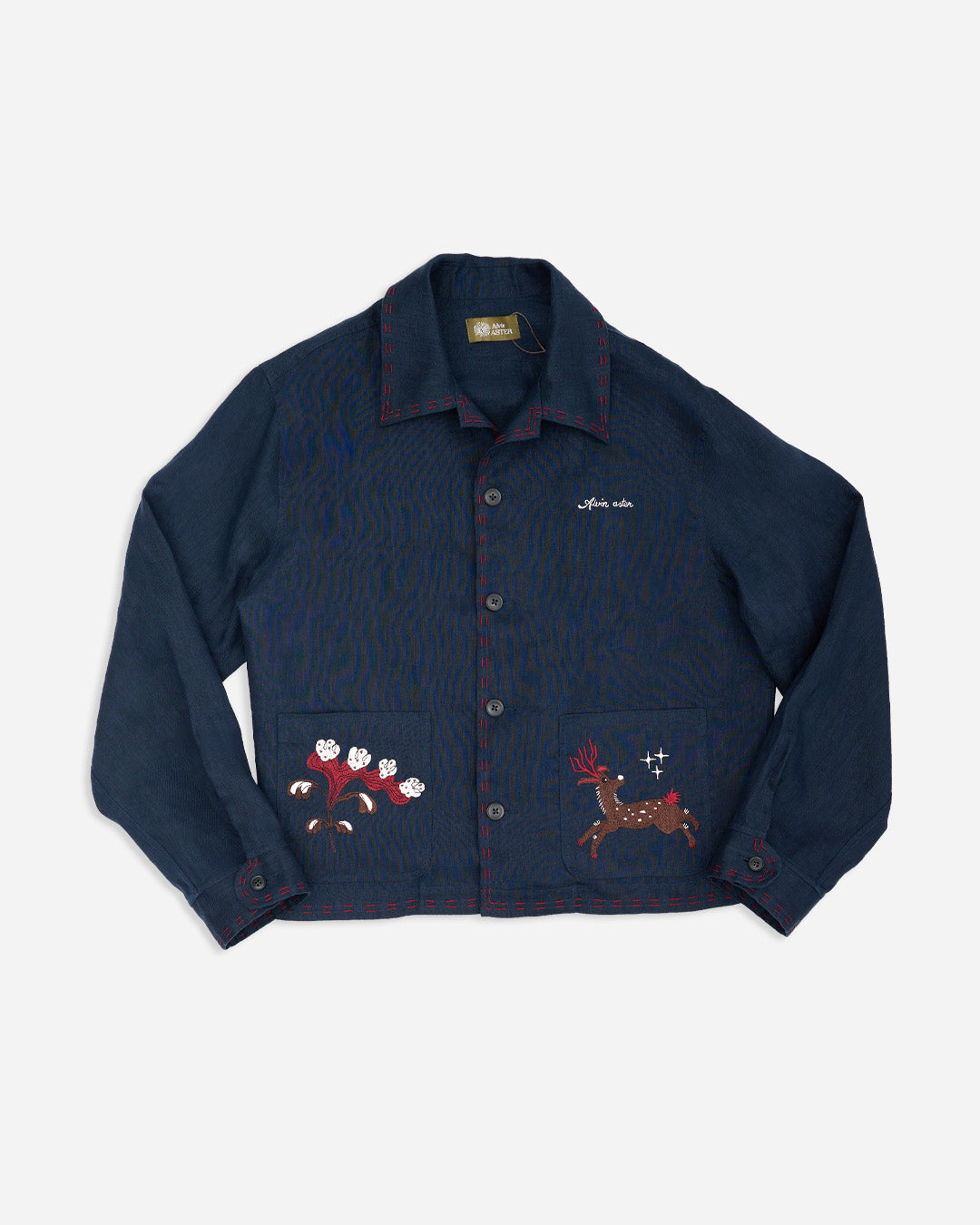 EMBROIDERED BLOUSON JACKET in NAVY LINEN