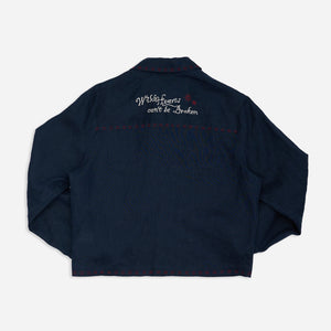 EMBROIDERED BLOUSON JACKET in NAVY LINEN