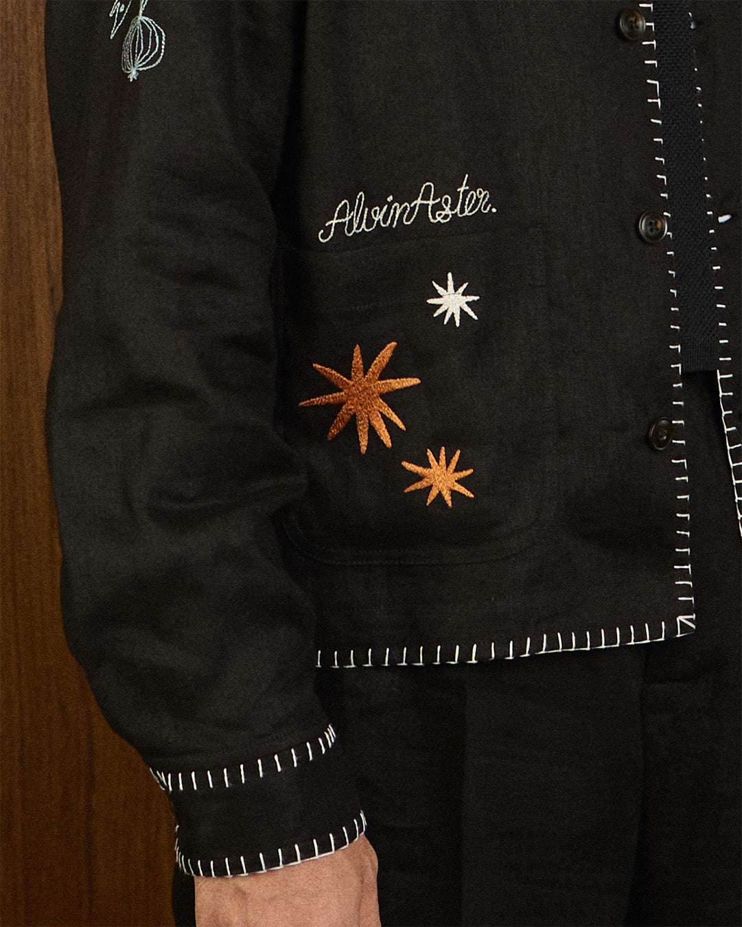 EMBROIDERED BLOUSON JACKET in BLACK LINEN