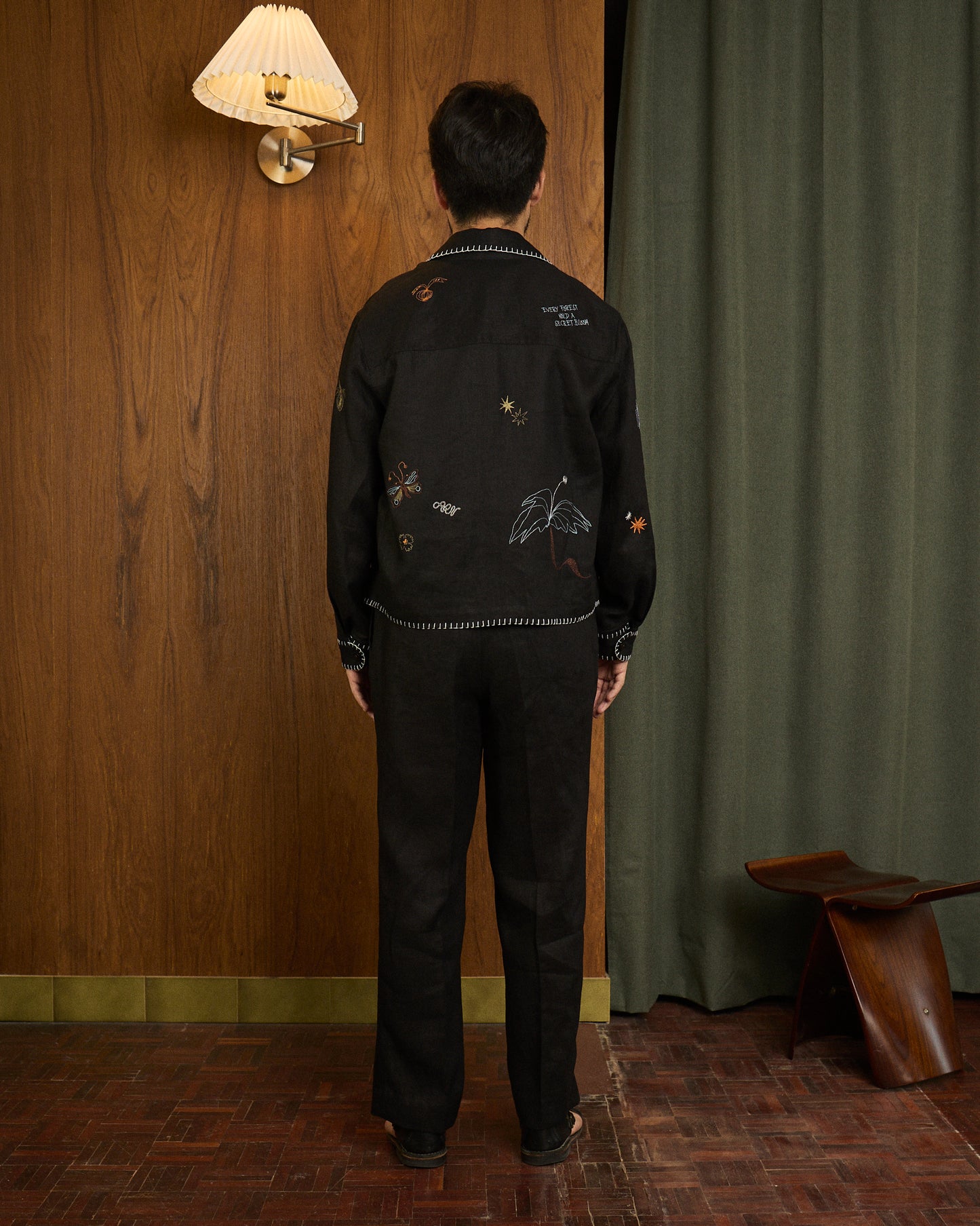 EMBROIDERED BLOUSON JACKET in BLACK LINEN