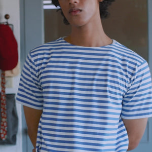 STRIPED BOAT NECK T-SHIRT in BLUE AND WHITE