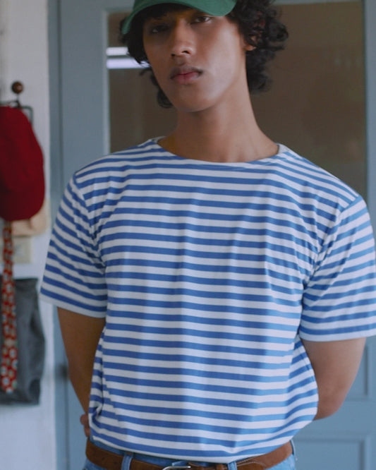 STRIPED BOAT NECK T-SHIRT in BLUE AND WHITE