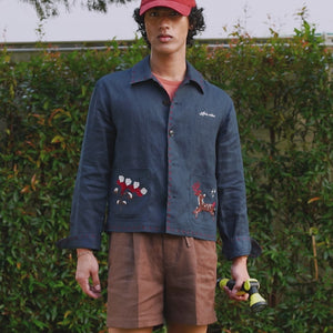 EMBROIDERED BLOUSON JACKET in NAVY LINEN