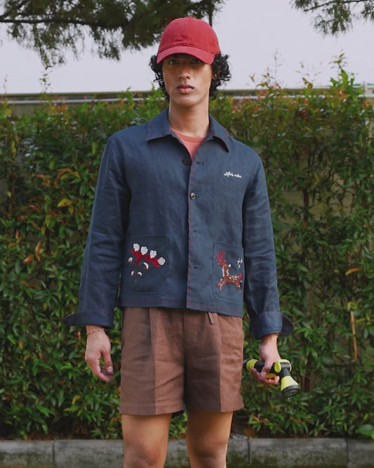 EMBROIDERED BLOUSON JACKET in NAVY LINEN